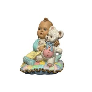 Vintage 1987 Atlantic Mold Ceramic Baby With Teddy Bear Hand Painted Decor